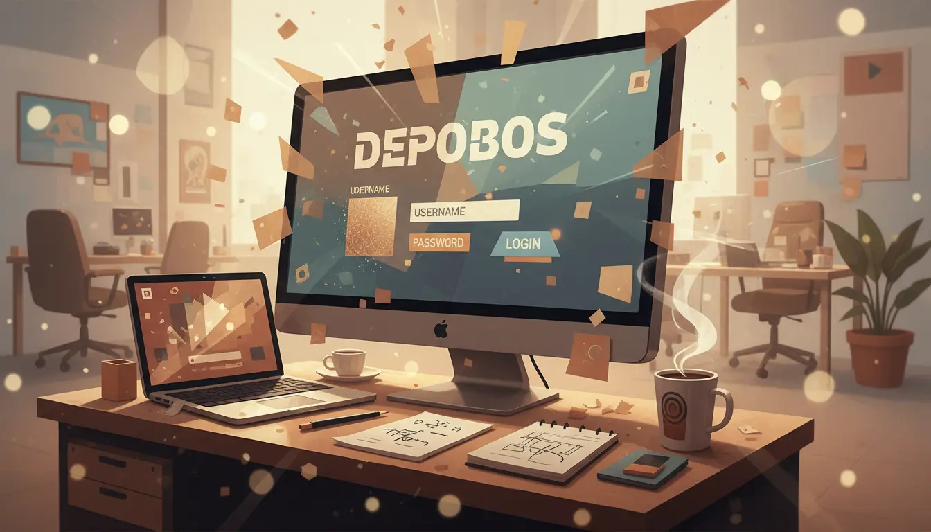A sleek, modern computer screen displaying the "depobos" login interface prominently in the foreground. The login page features a user-friendly design with fields for username and password, illuminated by soft ambient lighting that creates a tech-savvy atmosphere. In the middle ground, a stylish workspace is depicted, including a laptop, notepad, and coffee cup, conveying a sense of productivity. The background shows a blurred office environment with contemporary decor, enhancing the professional vibe. The lighting should be warm, evoking a welcoming mood, with a slight bokeh effect to add depth. The overall image should reflect a sense of accessibility and ease in logging into the "depobos" platform, suggesting a seamless user experience.